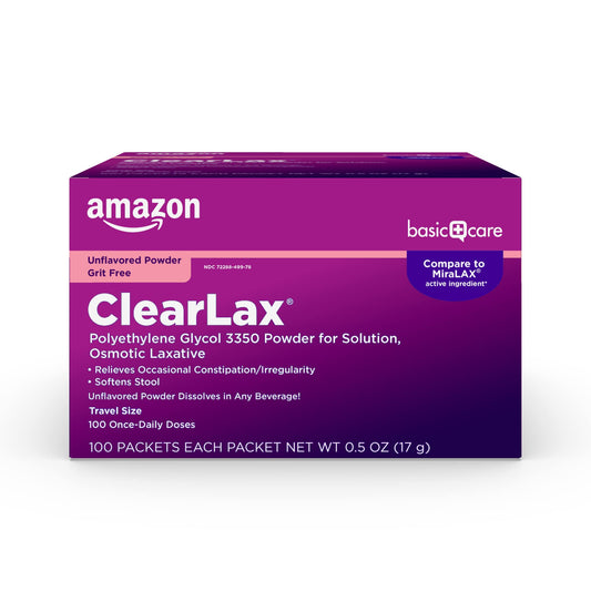 Amazon Basic Care ClearLax powder pack of 100 dissolves easily in beverages for relief