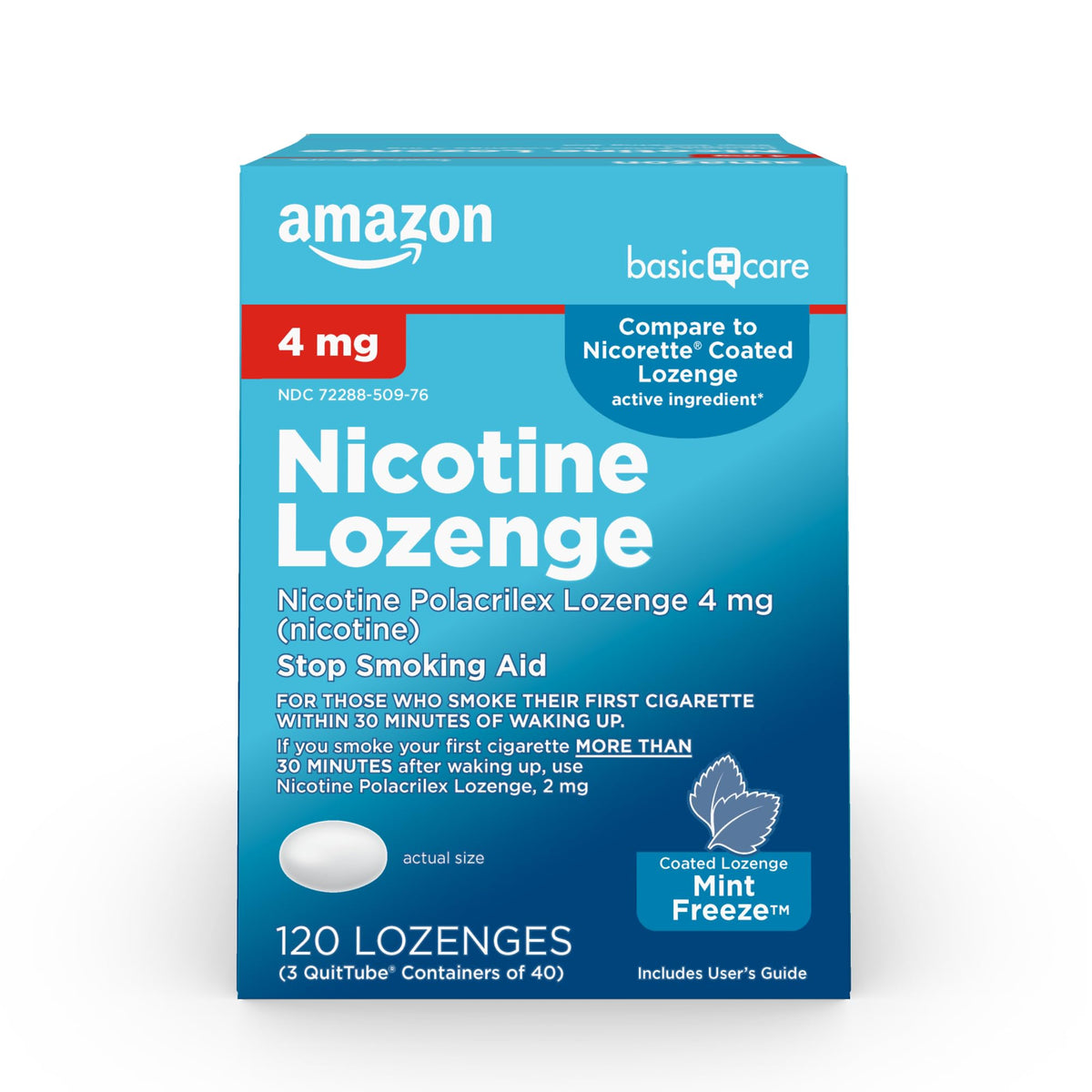 Amazon Basic Care coated ice mint lozenge pack for discreet on-the-go craving relief.