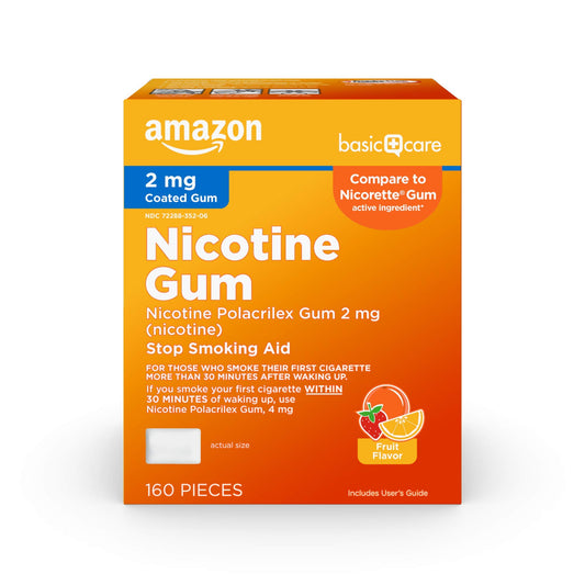 Amazon Basic Care coated nicotine gum 2mg pack for cravings management during a quit journey.