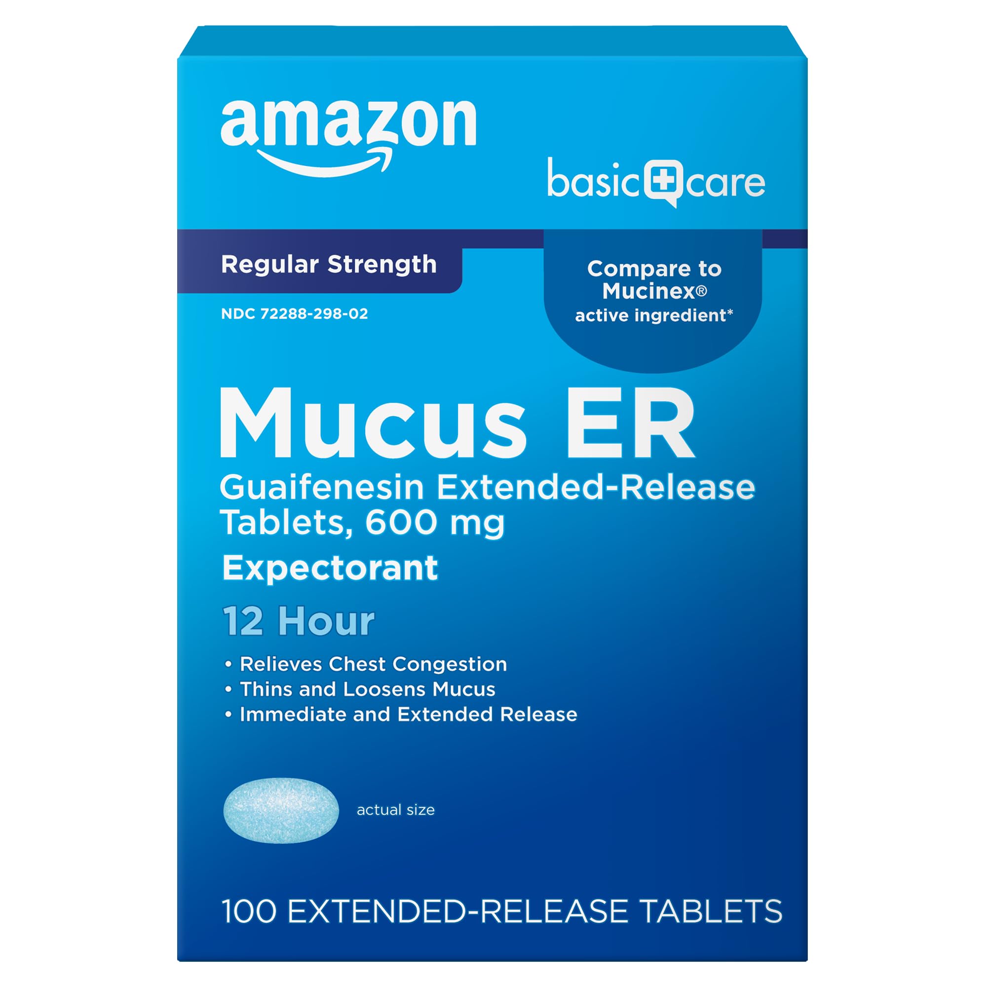 Amazon Basic Care guaifenesin 600 mg bottle promotes 12-hour chest congestion relief.