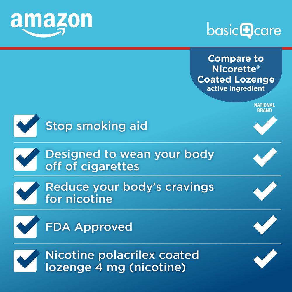 Amazon Basic Care lozenge on-the-go sachet demonstrating portable quit-smoking aid.
