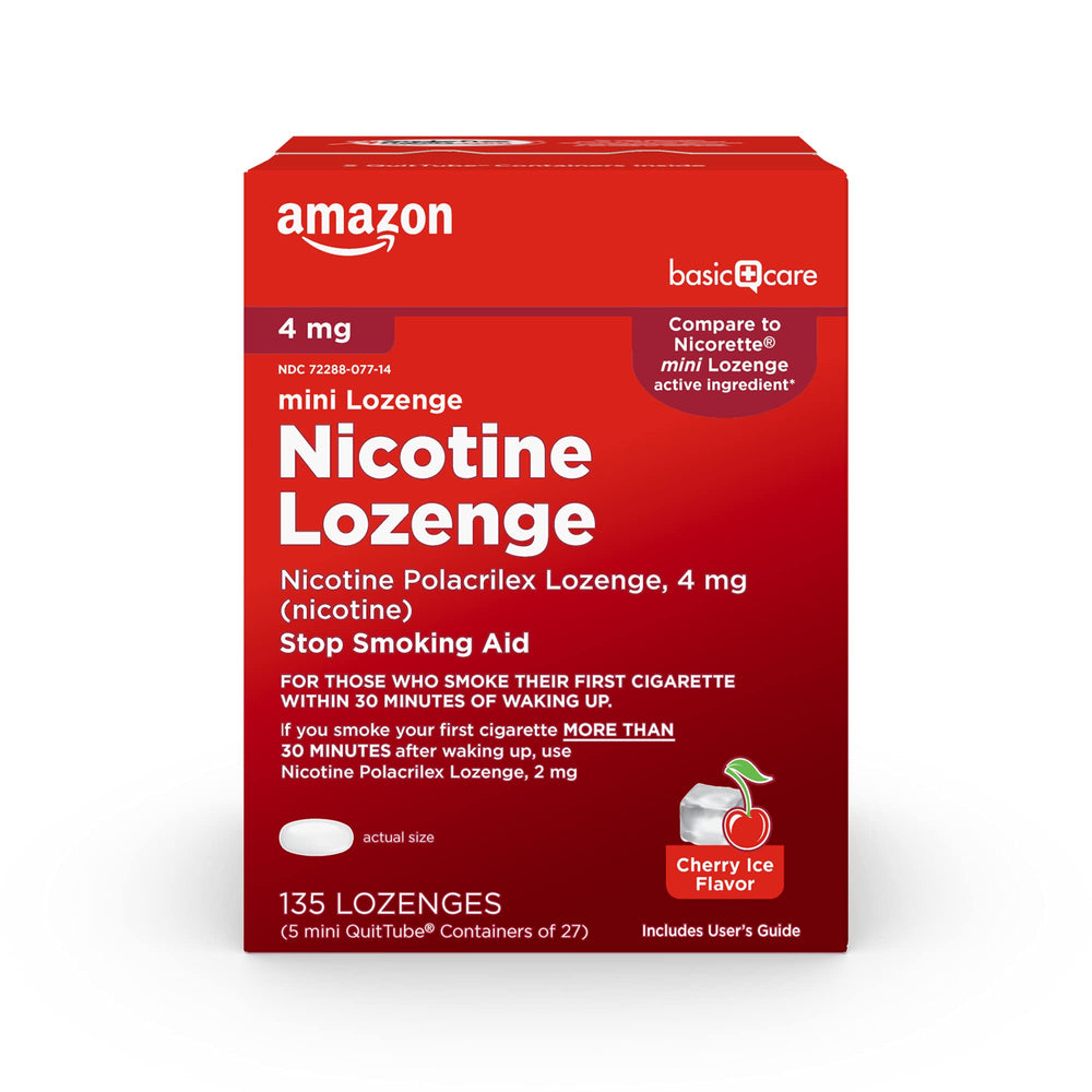 Amazon Basic Care Mini Nicotine Lozenge 4 mg cherry ice pack for steady cravings management.