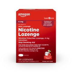 Amazon Basic Care Mini Nicotine Lozenge 4 mg cherry ice pack for steady cravings management.