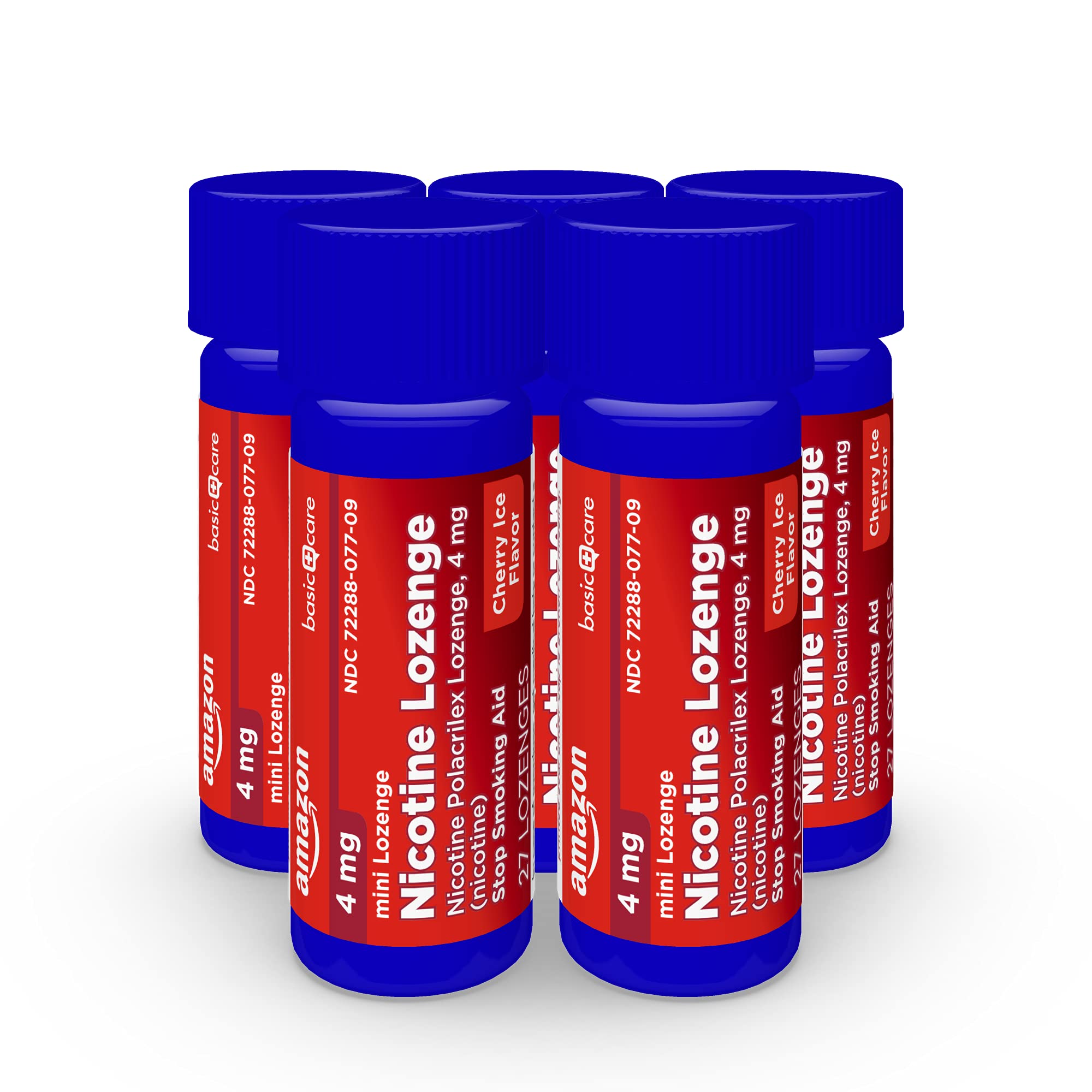 Amazon Basic Care Mini Nicotine Lozenge 4 mg cherry ice pocket friendly packaging.