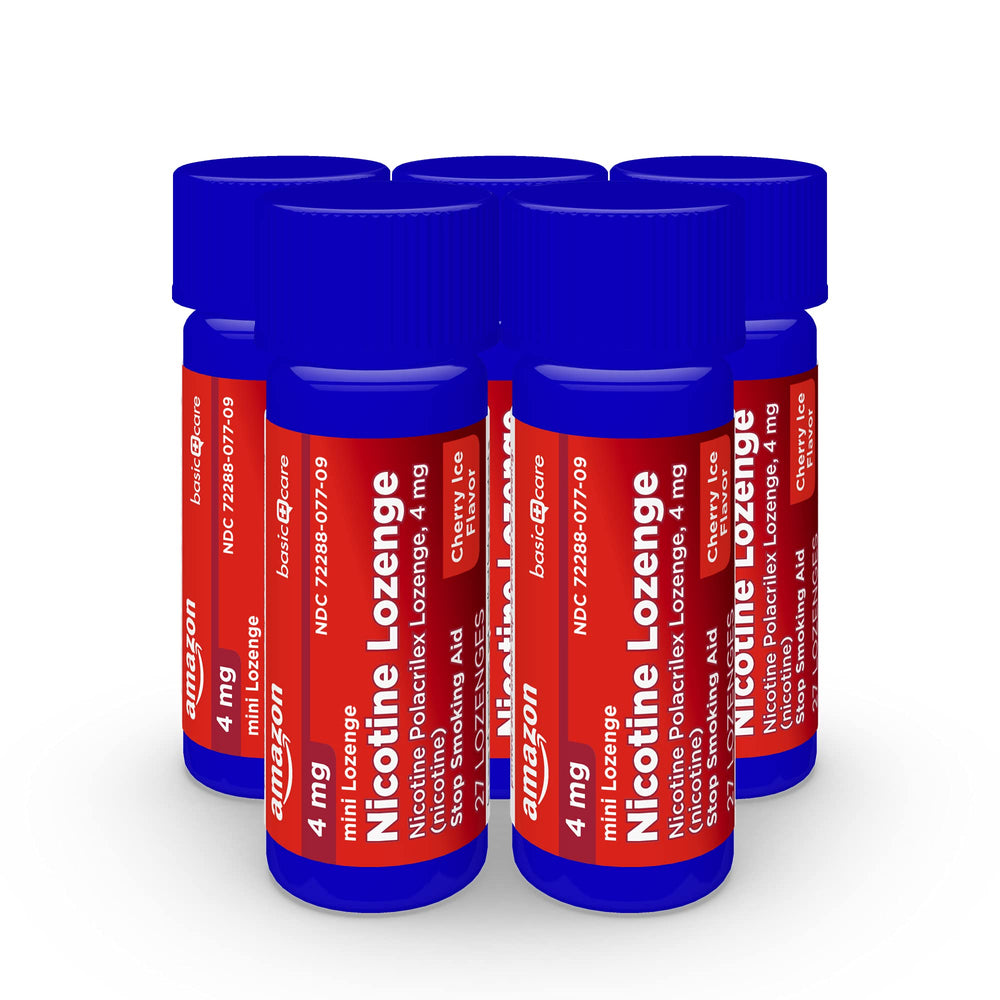 Amazon Basic Care Mini Nicotine Lozenge 4 mg cherry ice pocket friendly packaging.