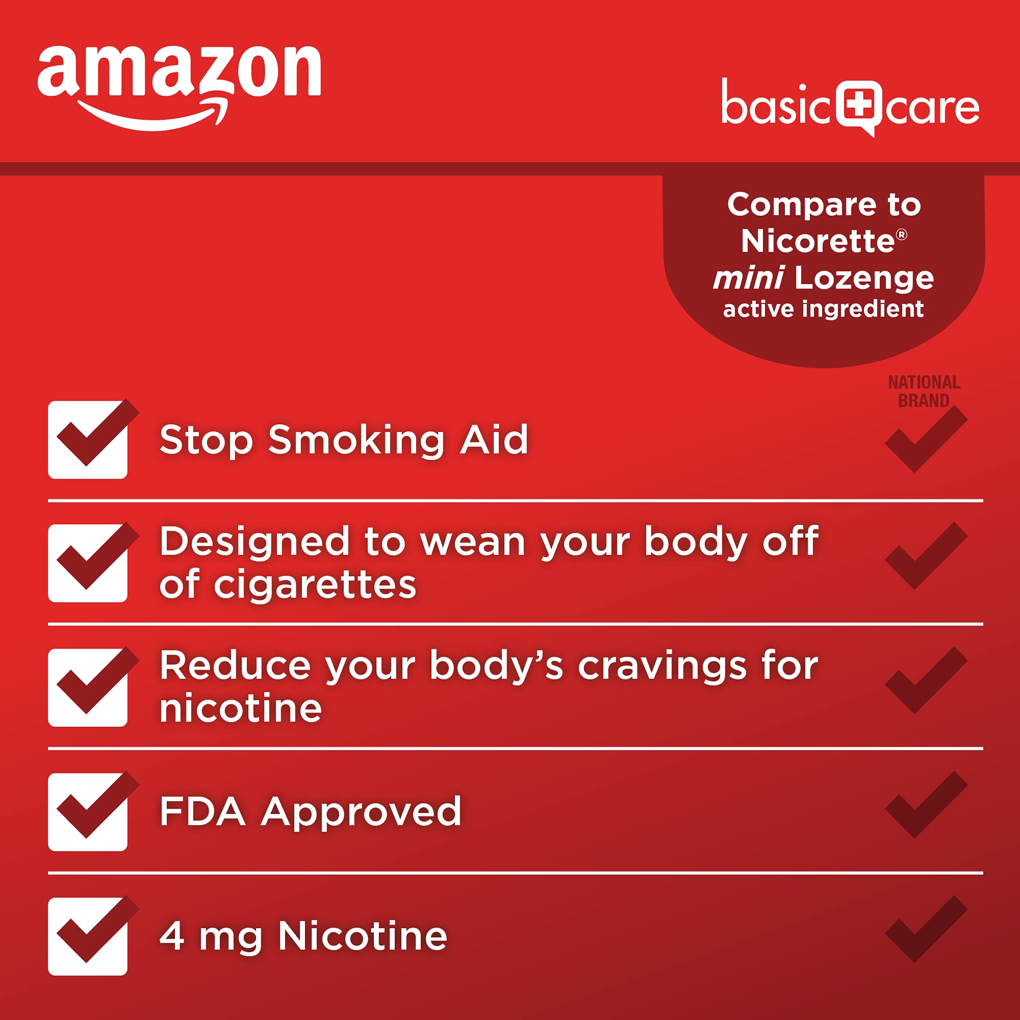 Amazon Basic Care Mini Nicotine Lozenge 4 mg cherry ice tablet in blister pack.