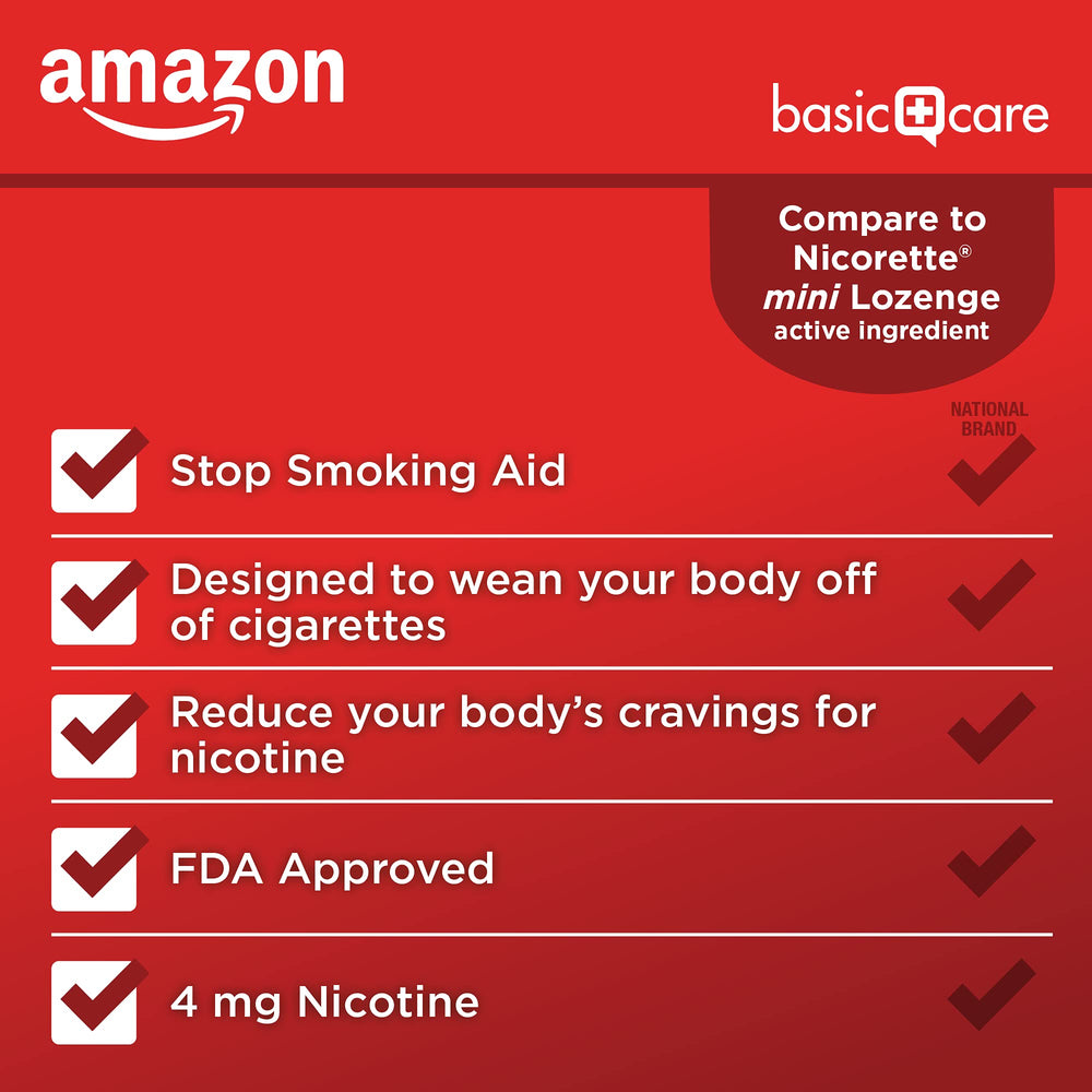 Amazon Basic Care Mini Nicotine Lozenge 4 mg cherry ice tablet in blister pack.