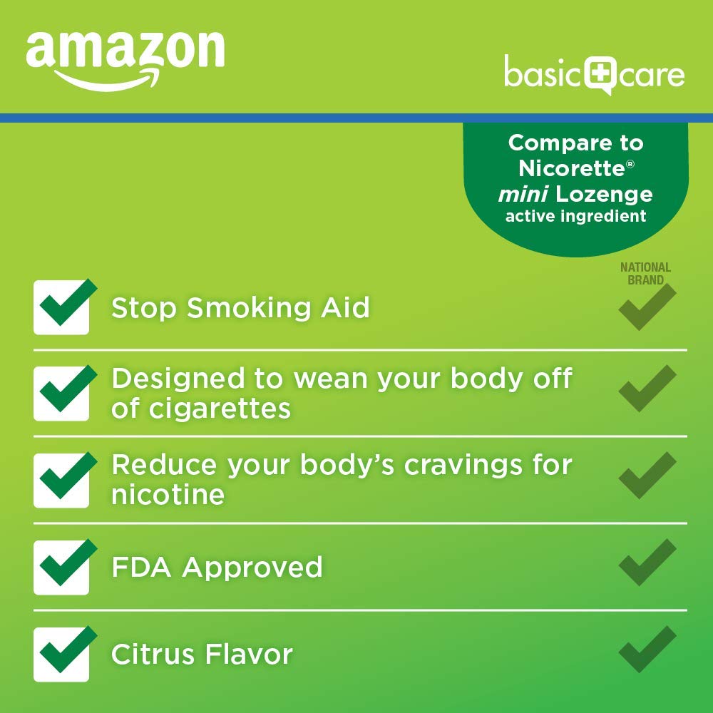 Amazon Basic Care mini nicotine lozenge citrus box front highlights clear nicotine replacement.