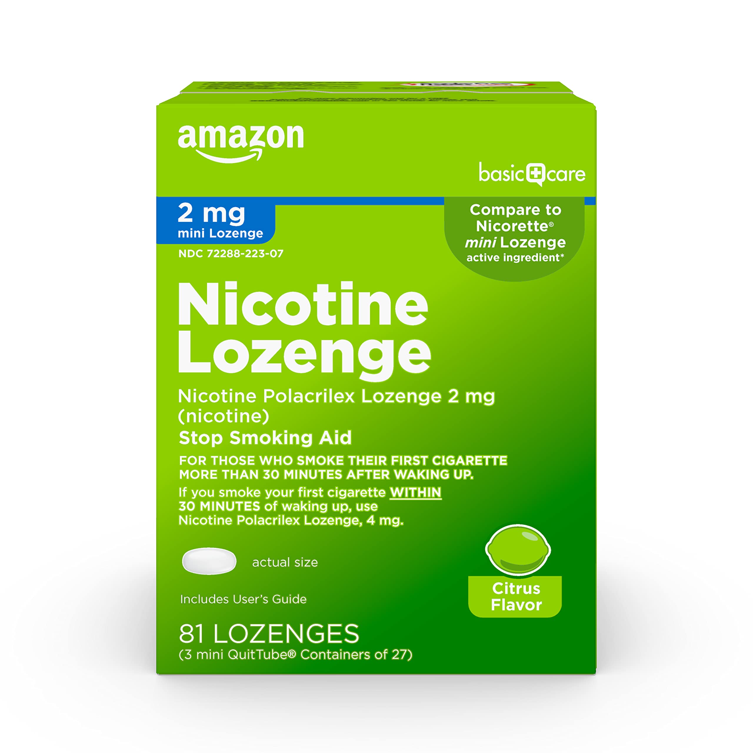 Amazon Basic Care mini nicotine lozenge citrus packaging promotes easy craving management.