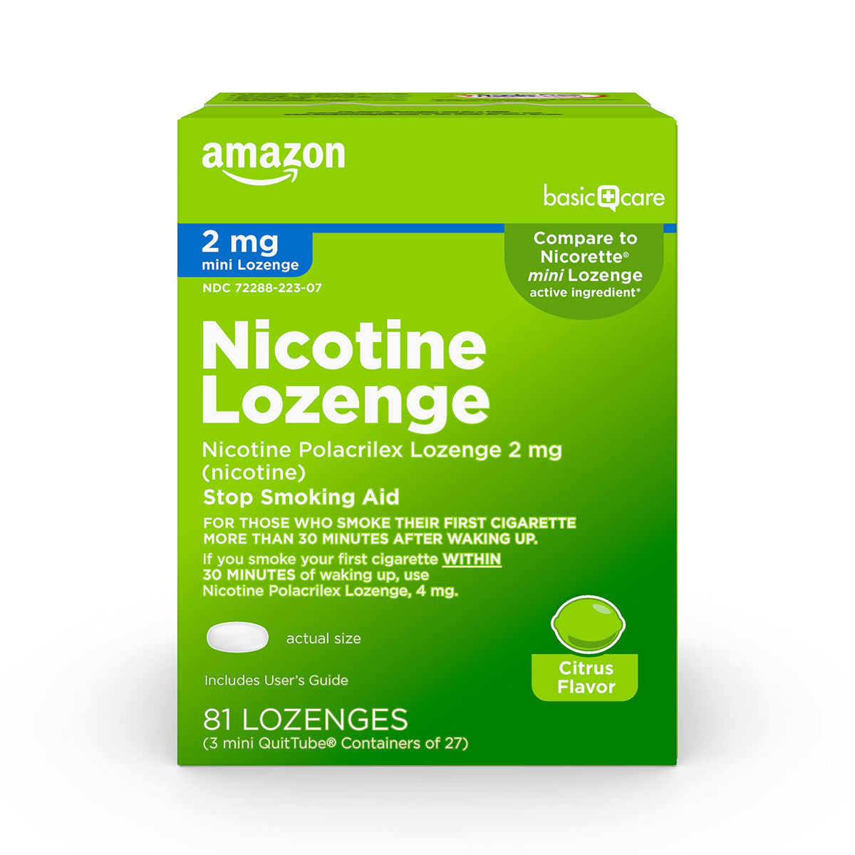 Amazon Basic Care mini nicotine lozenge citrus packaging promotes easy craving management.