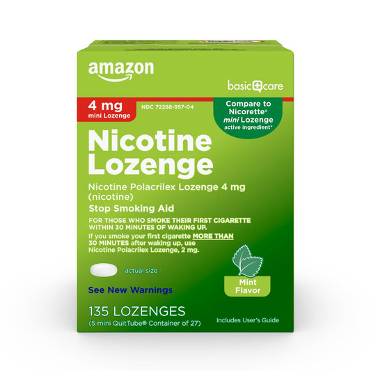 Amazon Basic Care mini nicotine lozenge packaging shown for easy quit support.