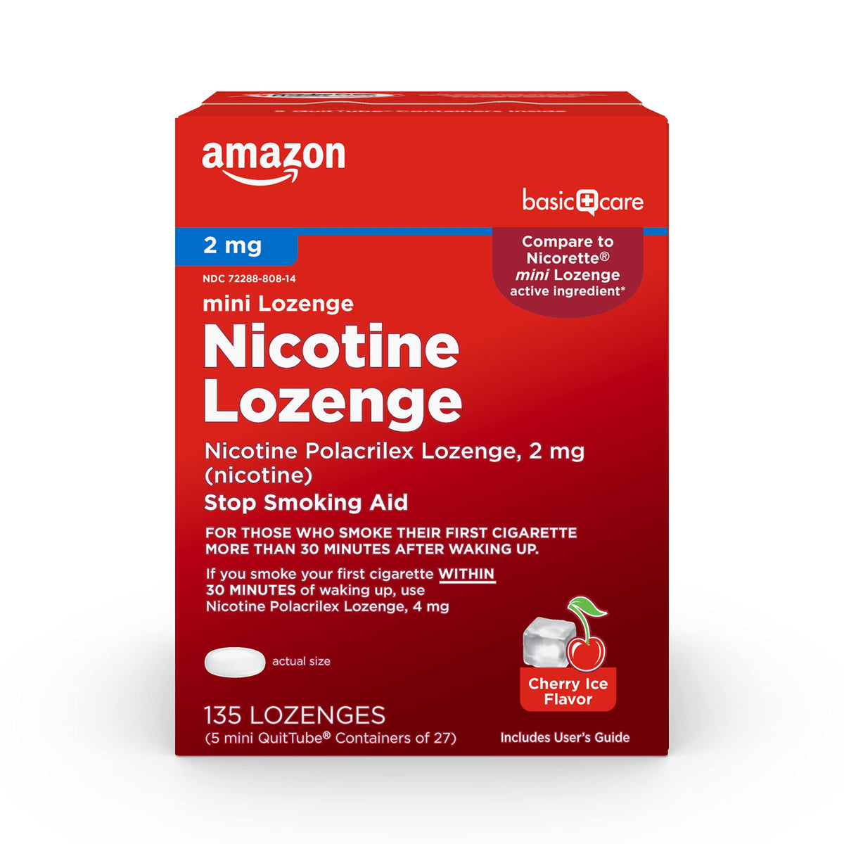 Amazon Basic Care mini lozenge Cherry Ice packaging front, convenient quit-support option.