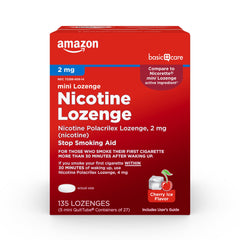 Amazon Basic Care mini lozenge Cherry Ice packaging front, convenient quit-support option.