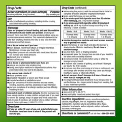 Amazon Basic Care lozenge packaging graphic highlights 81-count supply for quit attempts.