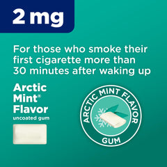 Amazon Basic Care nicotine gum 2 mg Arctic Mint close-up highlighting mint flavor and active ingredient.