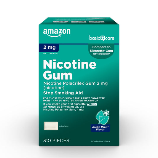 Amazon Basic Care nicotine gum 2 mg Arctic Mint front packaging showing quit-support features.