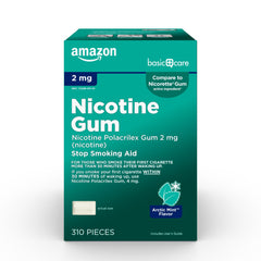 Amazon Basic Care nicotine gum 2 mg Arctic Mint front packaging showing quit-support features.