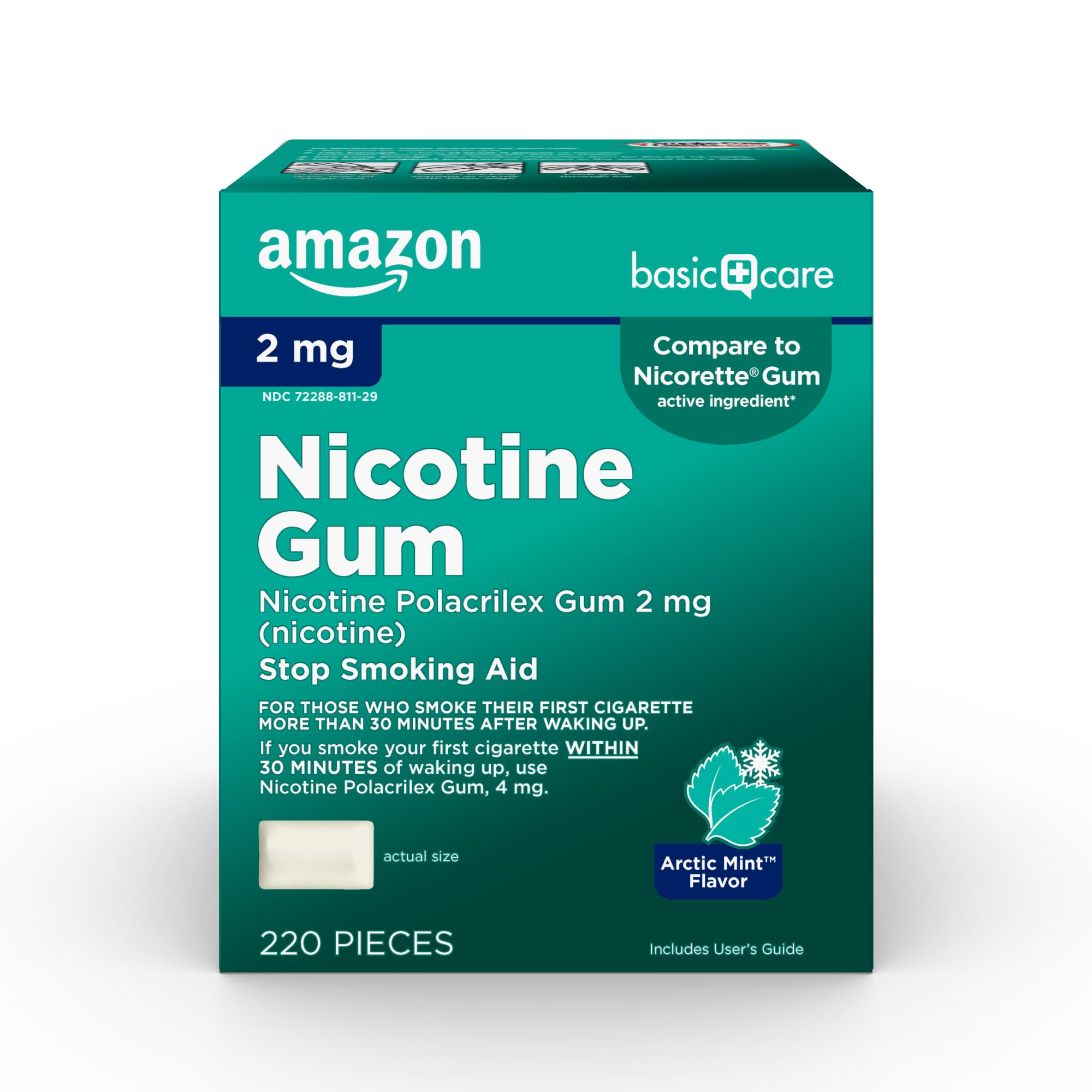 Amazon Basic Care nicotine gum 2 mg mint in a foil pack for on-the-go cravings relief.