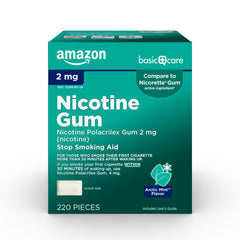 Amazon Basic Care nicotine gum 2 mg mint in a foil pack for on-the-go cravings relief.