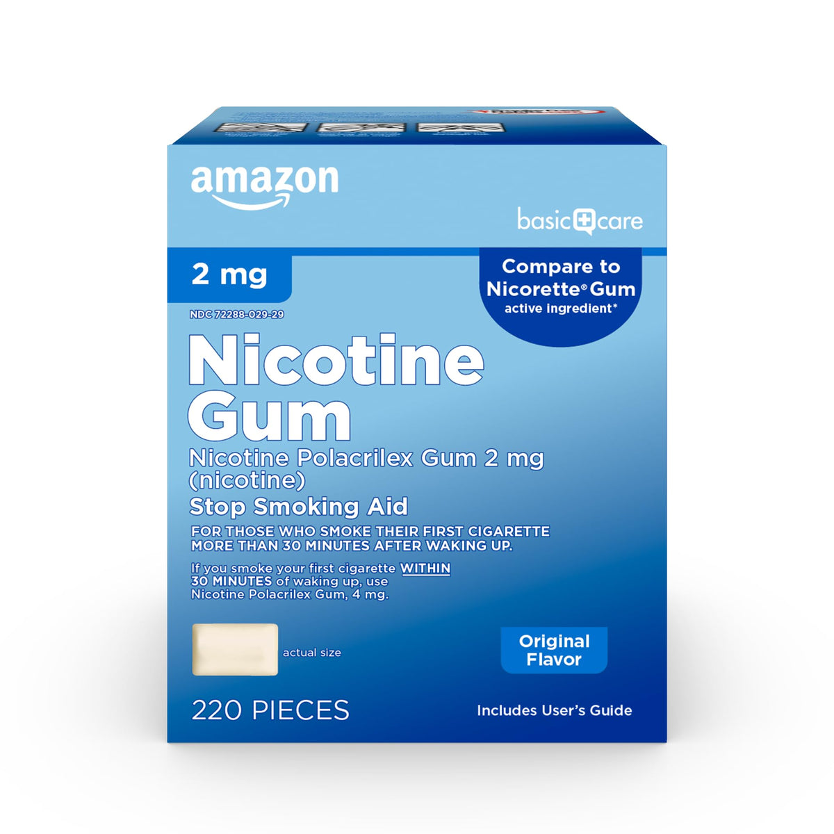 Amazon Basic Care nicotine gum 2 mg original pack front view shows product identity and flavor
