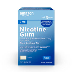 Amazon Basic Care nicotine gum 2 mg Original packaging offers convenient quit support.