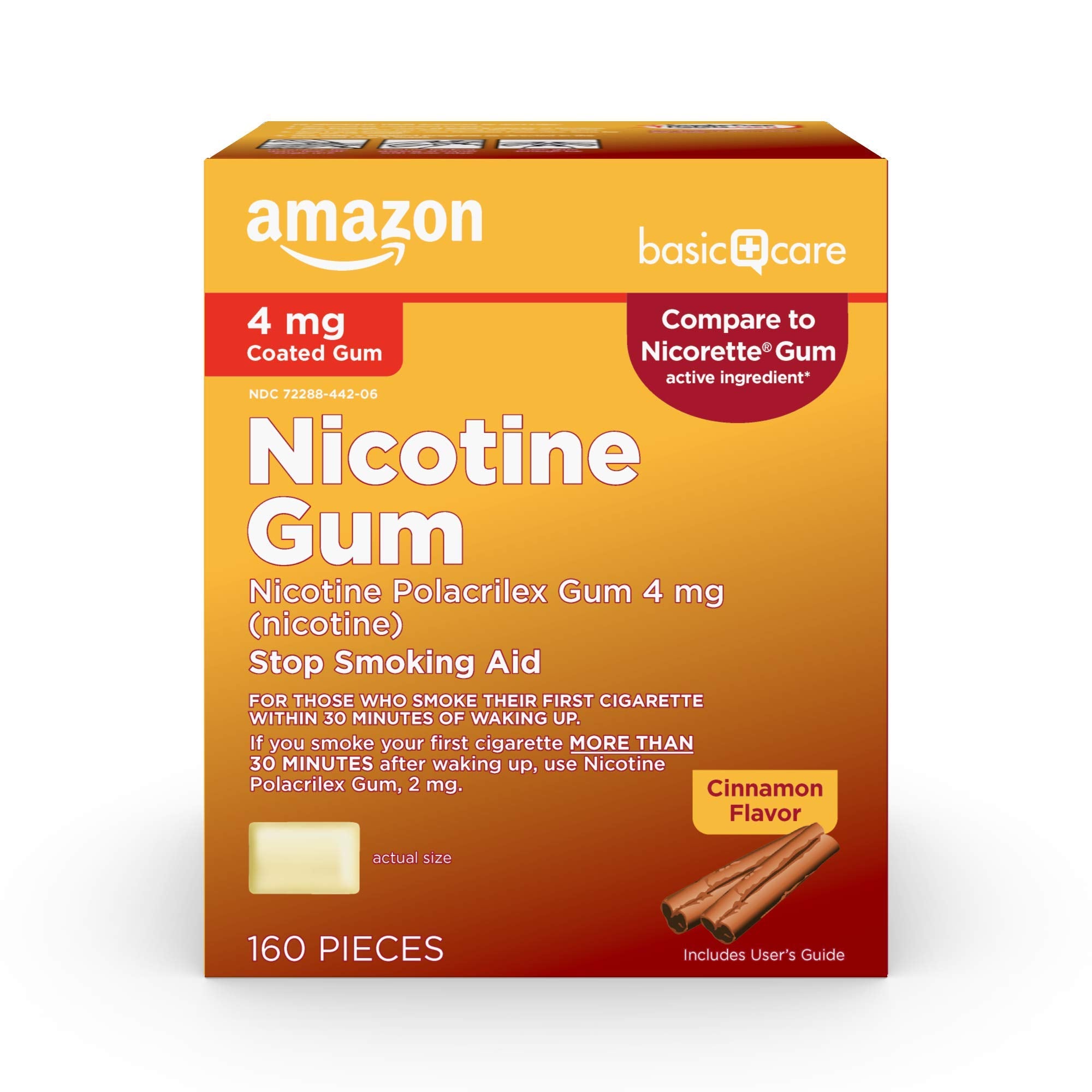 Amazon Basic Care nicotine gum 4 mg cinnamon pack front view, convenient craving support.