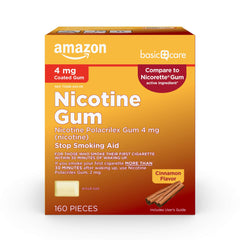 Amazon Basic Care nicotine gum 4 mg cinnamon pack front view, convenient craving support.