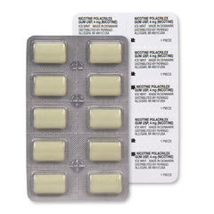 Amazon Basic Care nicotine gum 4 mg ice mint foil wrap closeup.