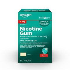 Amazon Basic Care 4 mg mint nicotine gum packaging shown for quitting support