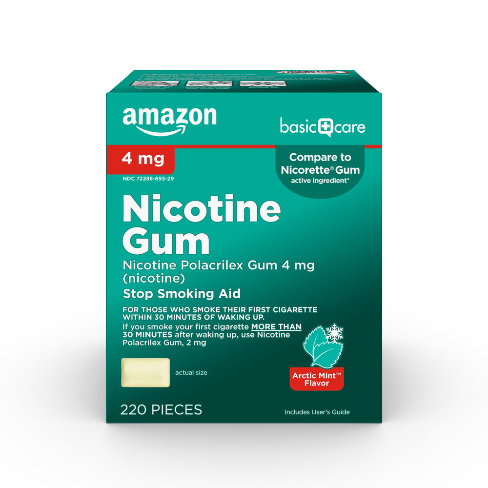 Amazon Basic Care nicotine gum 4 mg mint uncoated pack supports cravings management.