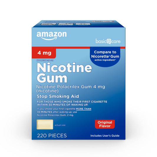 Amazon Basic Care Nicotine Gum 4 mg original packaging promotes steady quit support.