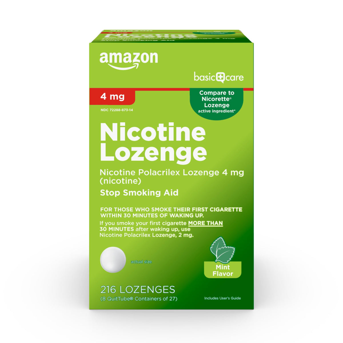 Amazon Basic Care nicotine lozenge 4 mg mint front label shows trusted quit aid