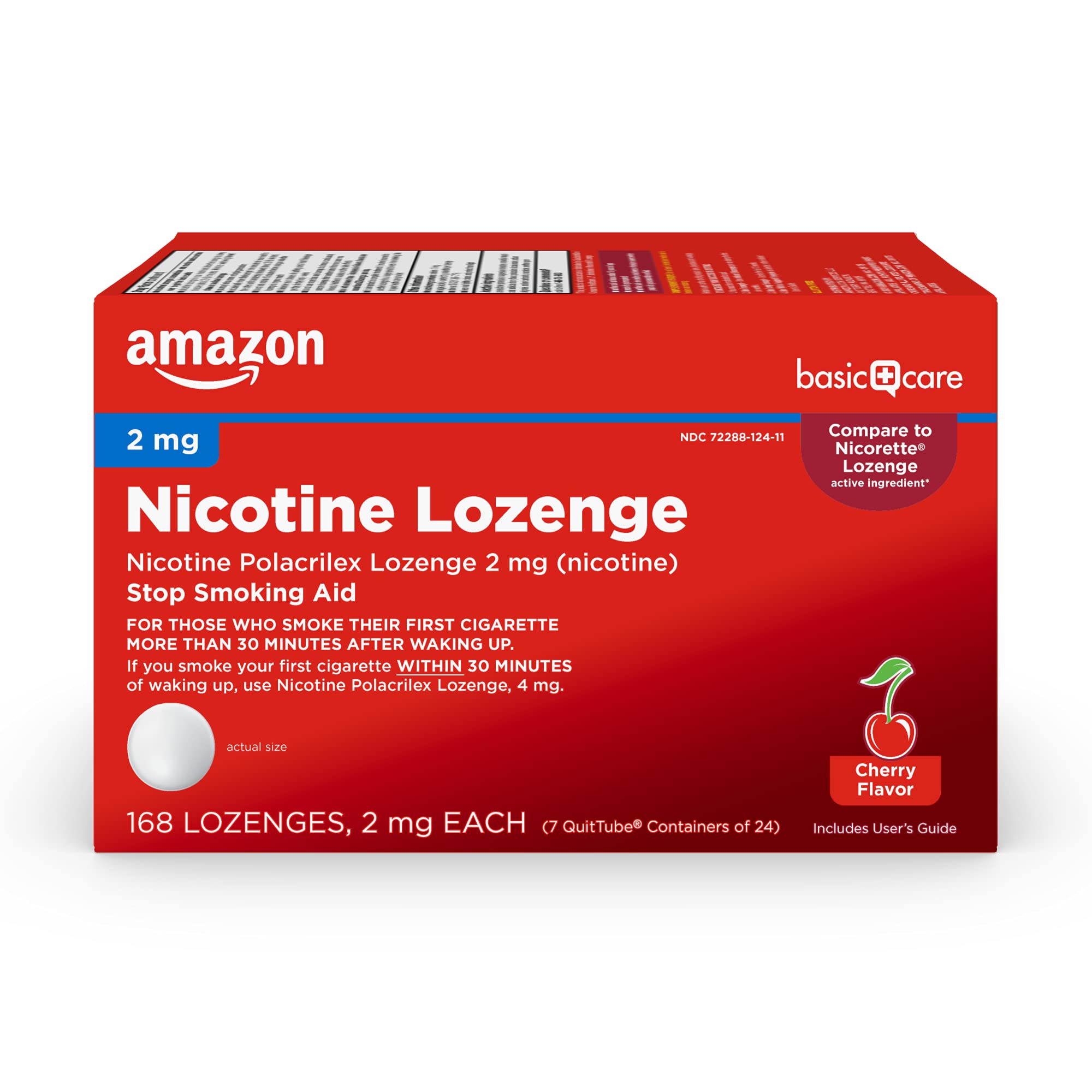 Amazon Basic Care nicotine lozenge cherry bottle pour offers discreet craving relief on the go.