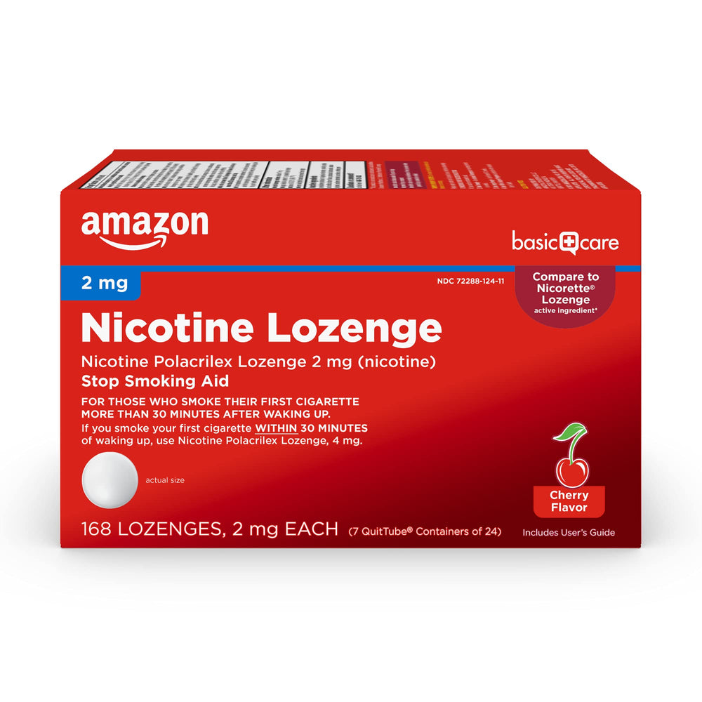 Amazon Basic Care nicotine lozenge cherry bottle pour offers discreet craving relief on the go.