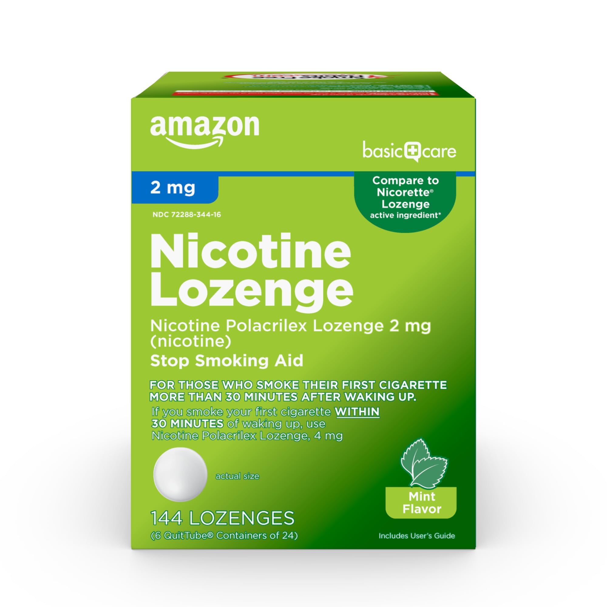 Amazon Basic Care Nicotine Polacrilex Lozenge mint packaging shows the 144-count bottle for cravings management.