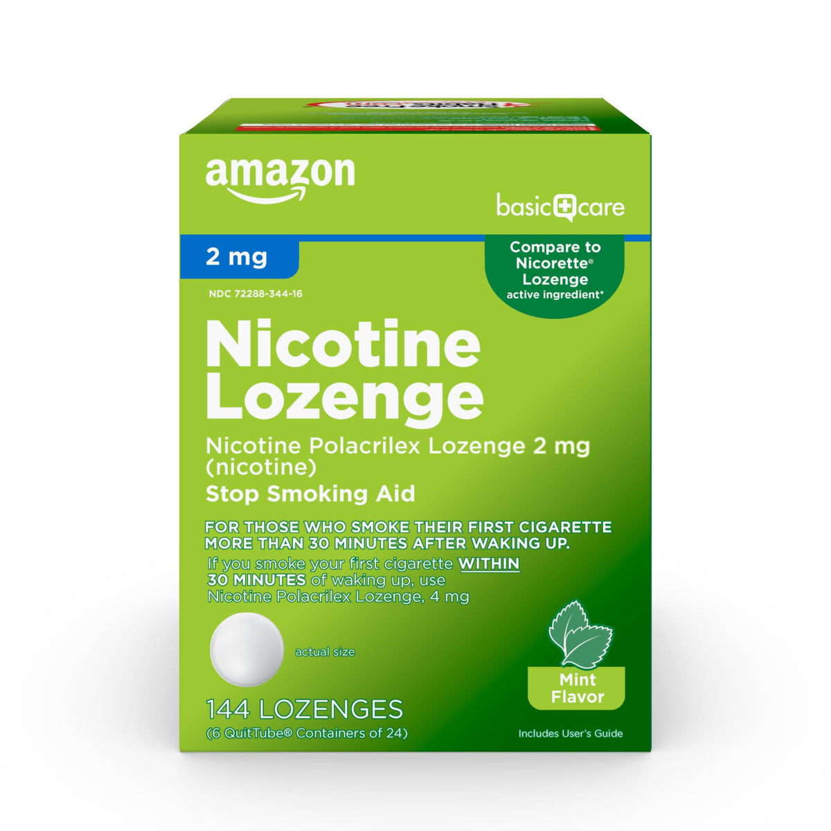 Amazon Basic Care Nicotine Polacrilex Lozenge mint packaging shows the 144-count bottle for cravings management.