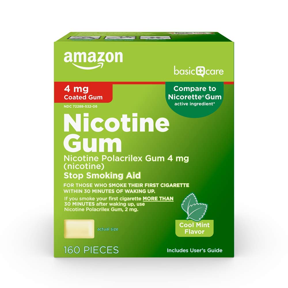 Amazon Basic Care nicotine gum 4 mg box front for quitting support.