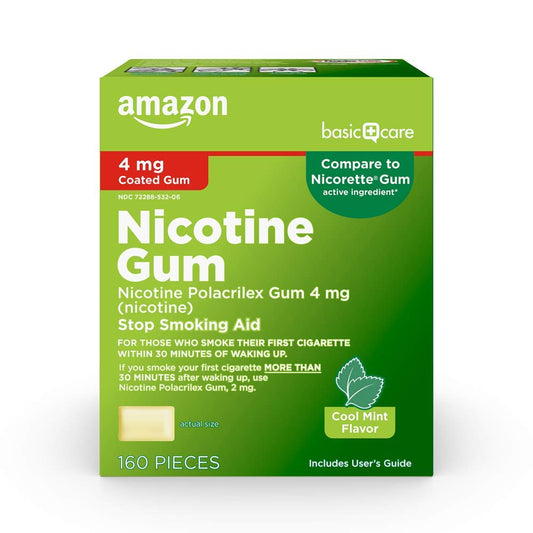 Amazon Basic Care nicotine gum 4 mg box front for quitting support.