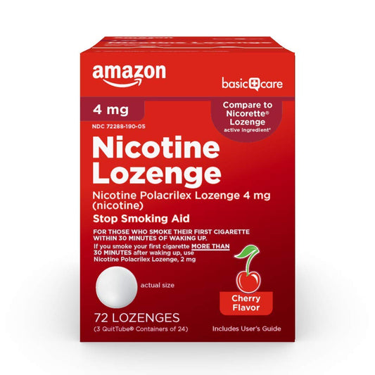Amazon Basic Care nicotine lozenge 4 mg cherry front view helps manage cravings
