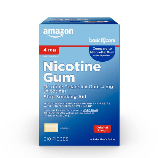 Amazon Basic Care nicotine gum 4 mg original pack front view highlighting craving relief.