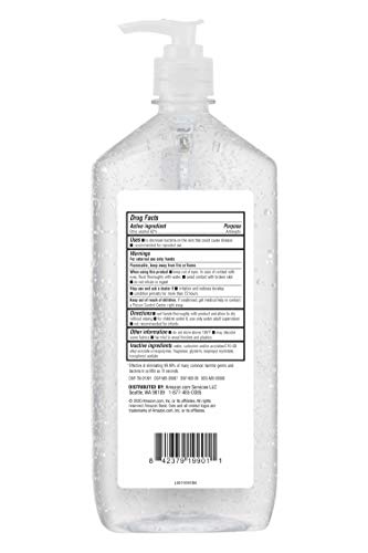 Amazon Basic Care Original Hand Sanitizer 34oz pack-four-bottles emphasizes value for home or office