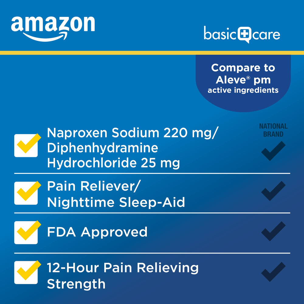 Amazon Basic Care PM caplets front-label showcases 12-hour pain relief benefits