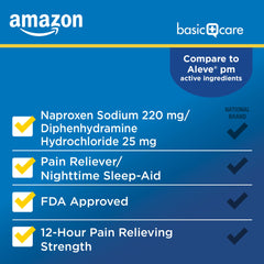 Amazon Basic Care PM caplets front-label showcases 12-hour pain relief benefits