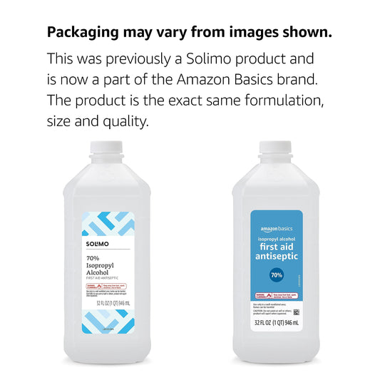 Amazon Basics 70 percent isopropyl alcohol bottle label showing active ingredient.