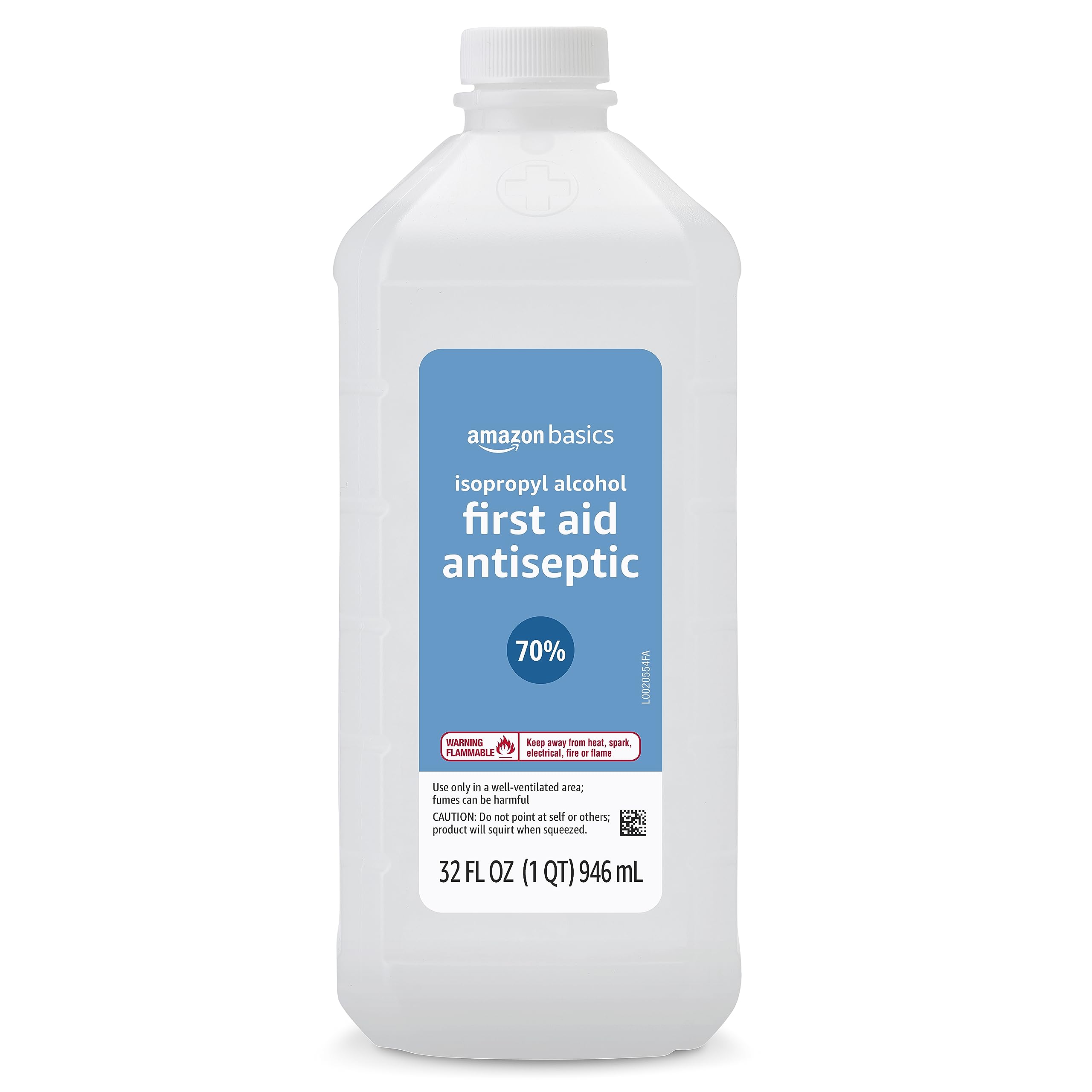 Amazon Basics first aid antiseptic bottle close-up for sanitizing scrapes.