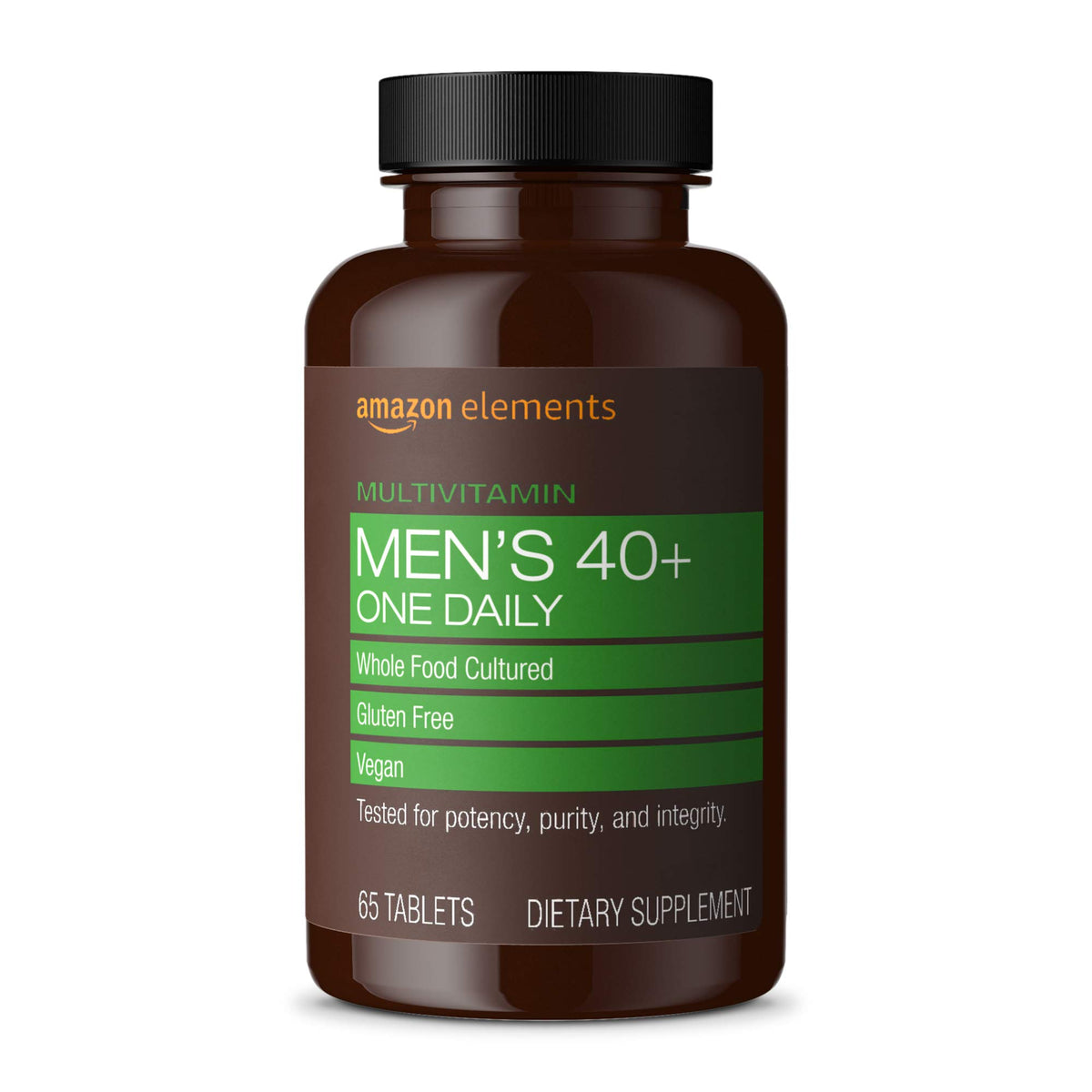 Amazon Elements Men's 40+ multivitamin bottle front showcases vegan daily supplement.