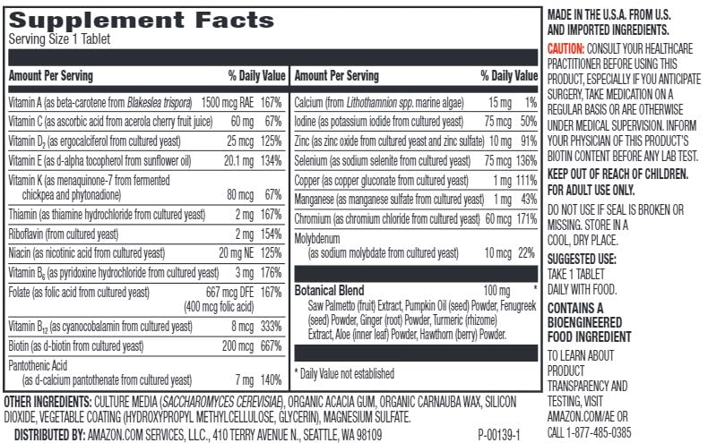 Amazon Elements Men's 40+ multivitamin bottle label features 21 vitamins and whole-food ingredients.