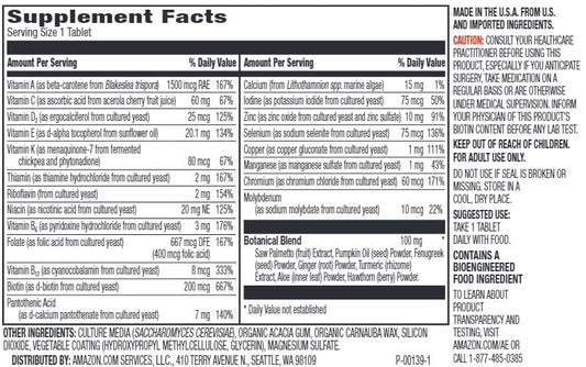 Amazon Elements Men's 40+ multivitamin bottle label features 21 vitamins and whole-food ingredients.