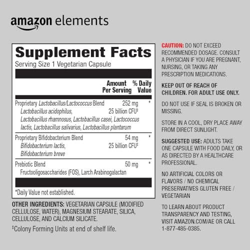 Amazon Elements vegetarian capsules close-up for plant-based daily gut balance.