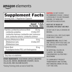 Amazon Elements vegetarian capsules close-up for plant-based daily gut balance.